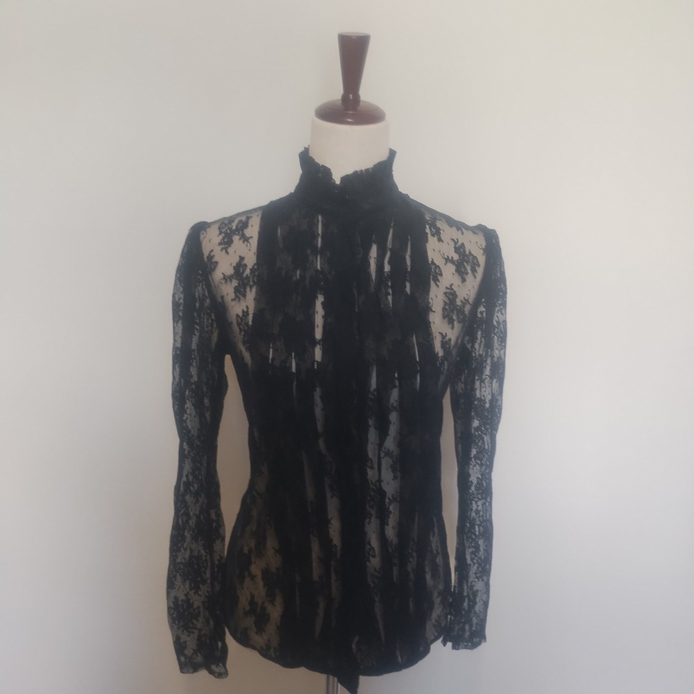 Vintage Helene Sidel Lace Blouse Women's 10 Black Sheer Victorian Ruffle Gothic